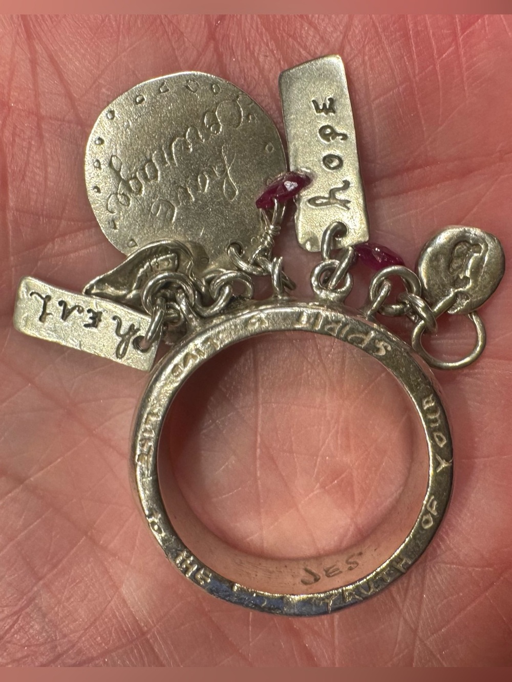 INCREDIBLE Jes Maharry Sterling Silver Charm Ring with 3 Ruby Accent Stones.